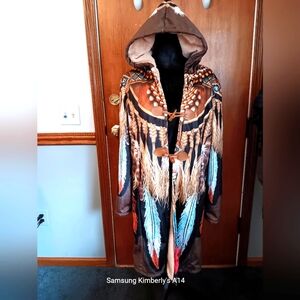 Bohemian Feather Print Hooded Coat